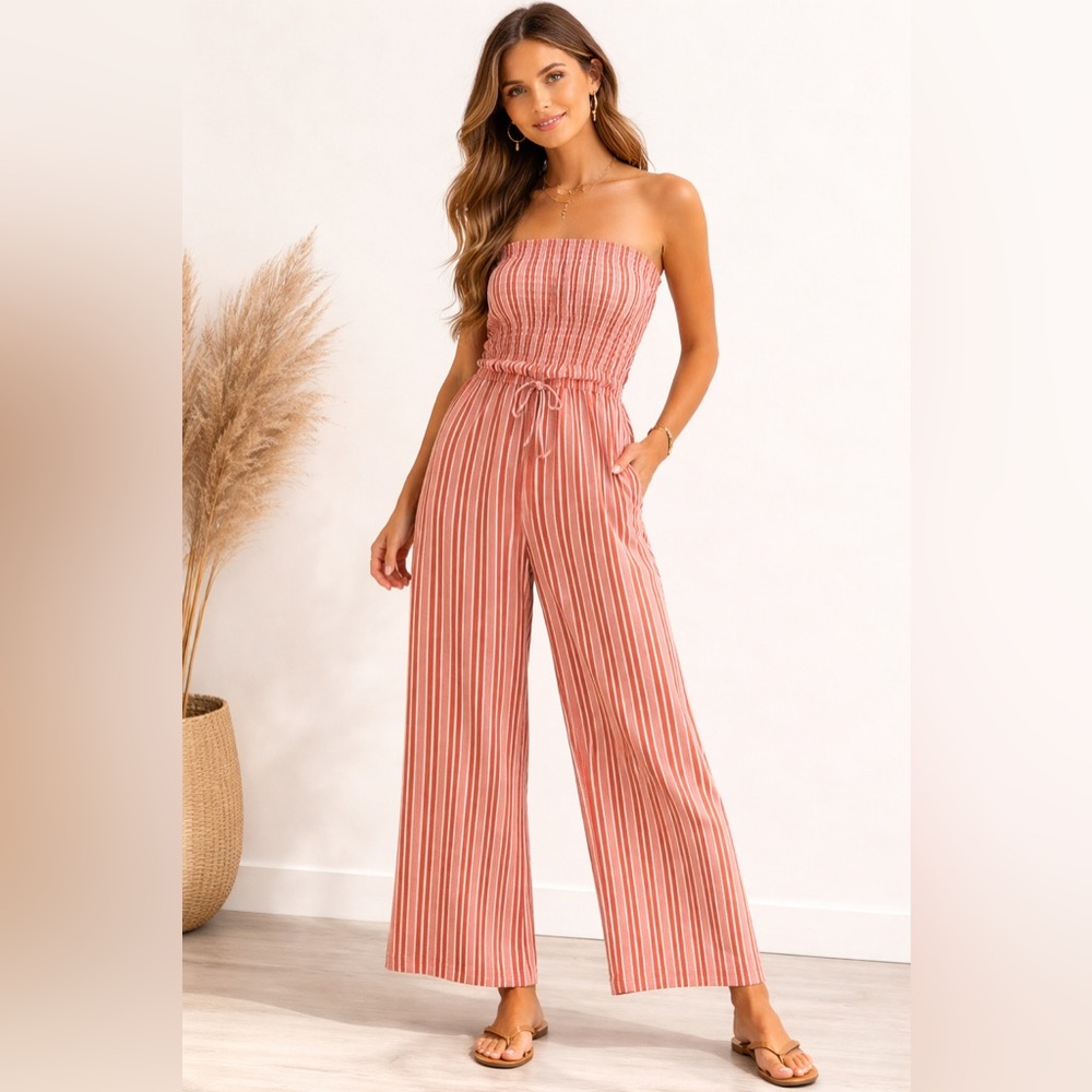 No Boundaries Red & White Striped Strapless Jumpsuit
